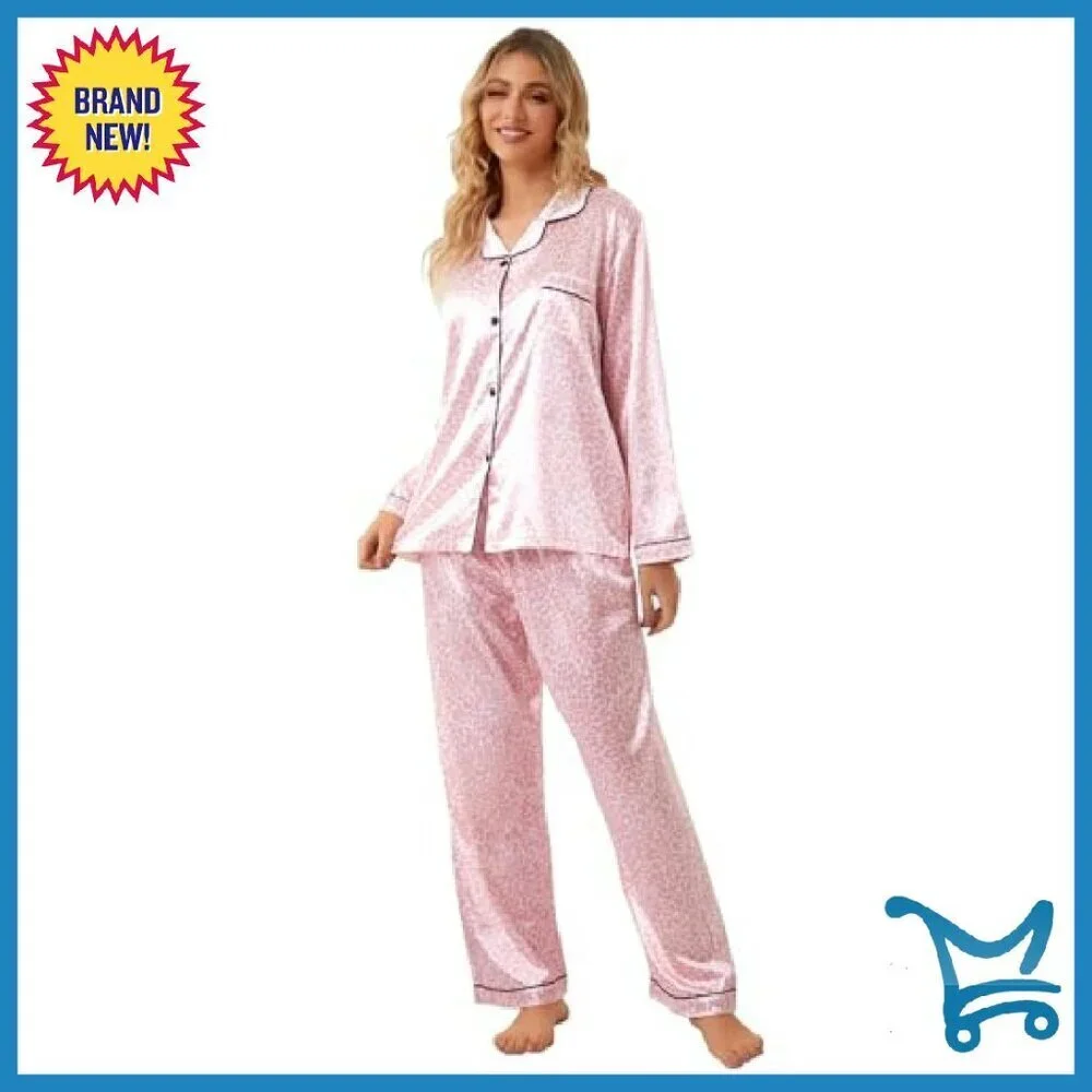 Satin Pajama Set, Button-Down Long Sleeve, Elastic Waist, Women's Sleepwear